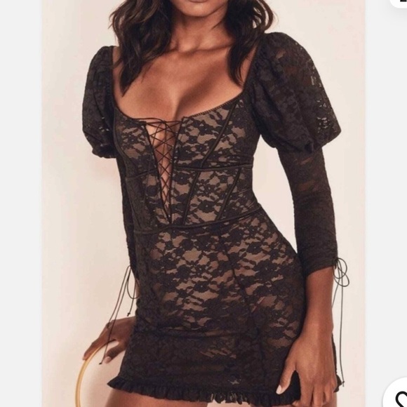 For Love And Lemons Dresses & Skirts - For Love and Lemons Dress Violetta Lace Up Mini Puff Sleeve Black Lace XS